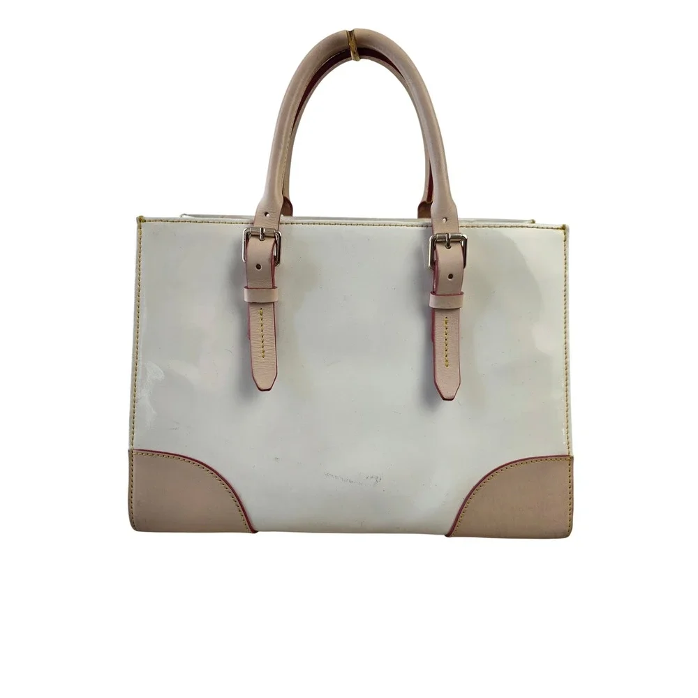 Dooney & Bourke White Patent Leather Satchel Tan Trim Contrast Stitch Handbag